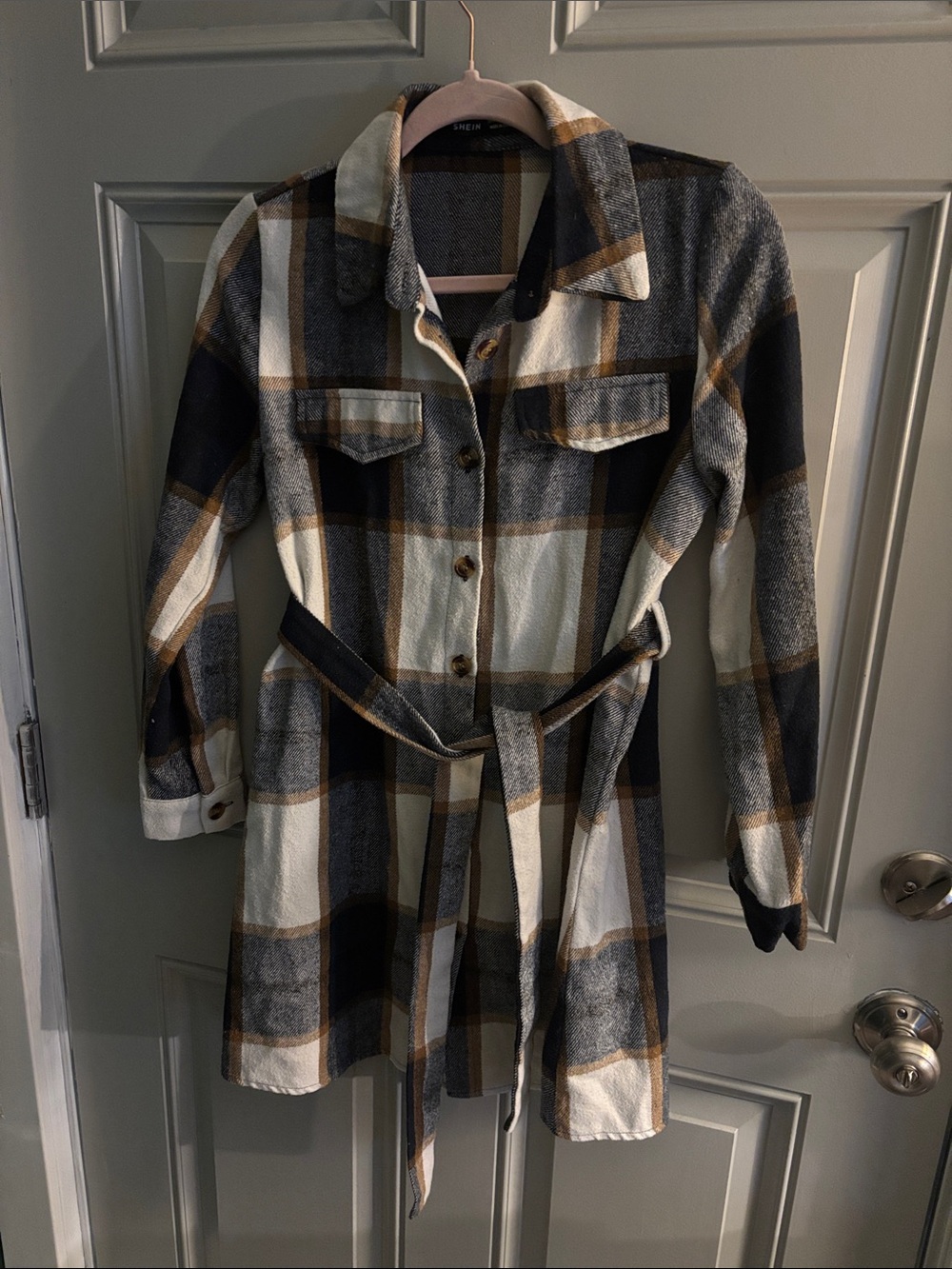 SHEIN Plaid Belted Utility Jacket - Black, Cream, Brown